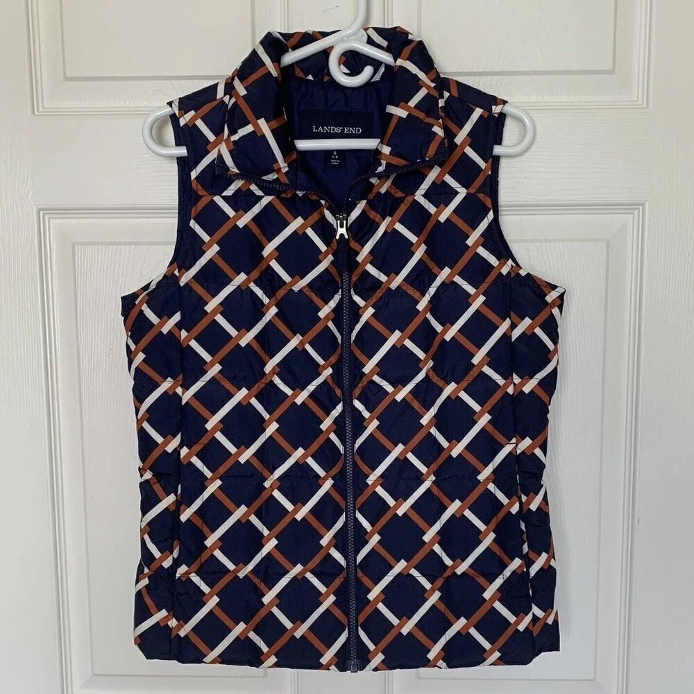 Lands' End Down Puffer Vest Women's Small 6-8 Navy Blue Brown White Zip
